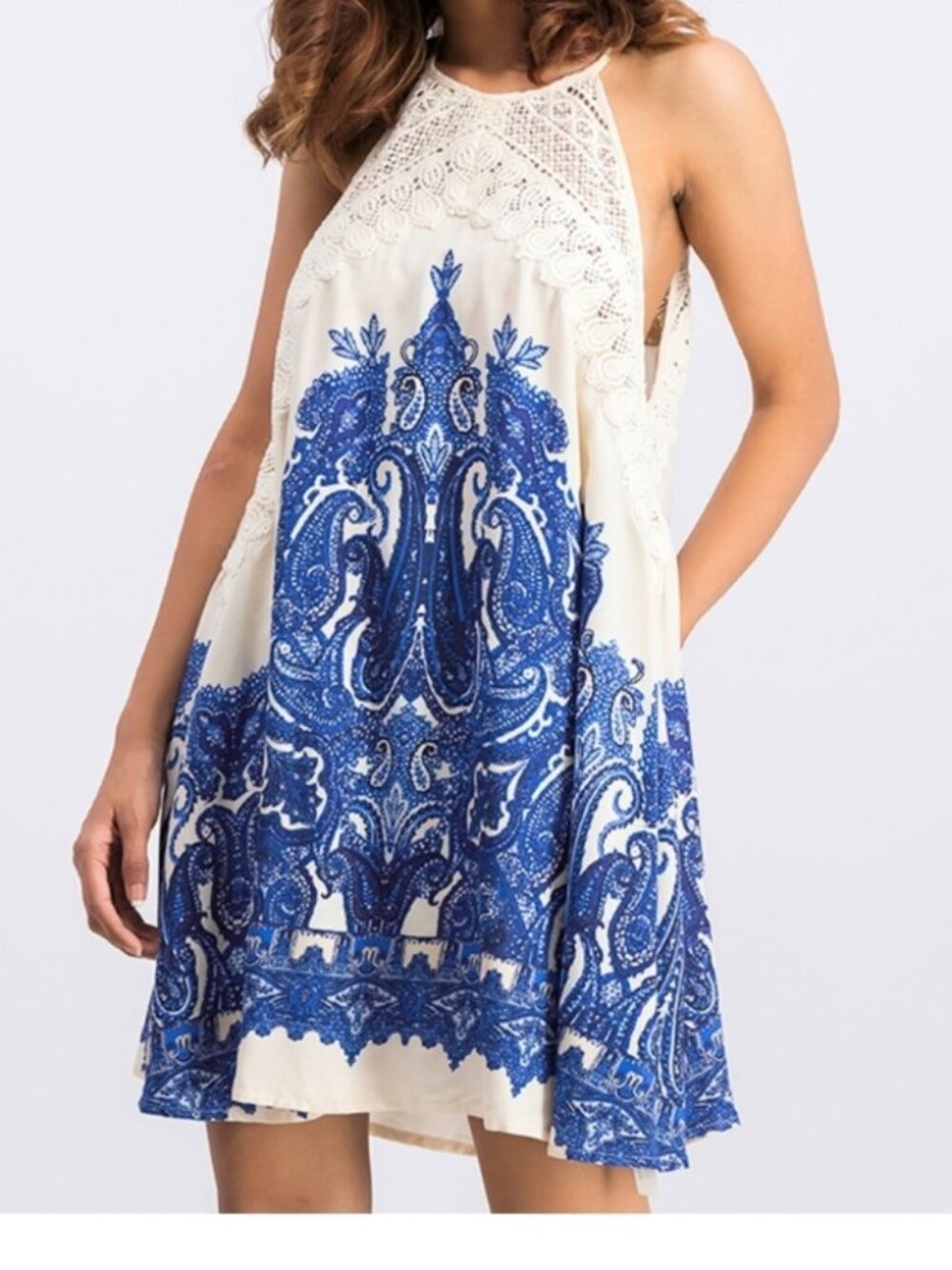 Free People "Shea" Printed Crochet Trim Halter Flowy Cream and Blue Midi Dress S